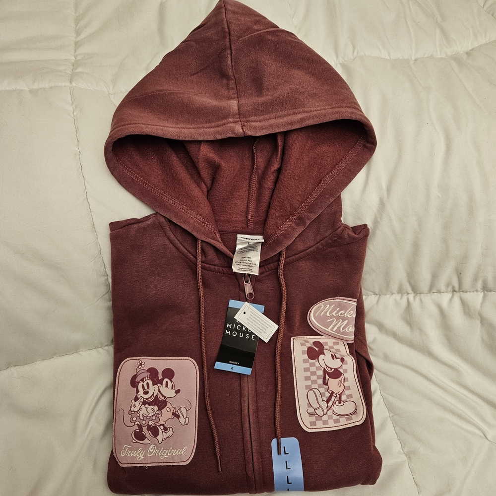 🆕 SIZE L DISNEY HOODIE Mickey Mouse & Minnie full zip w/ patches
